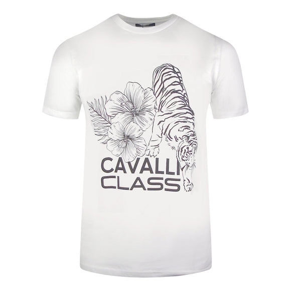 Cavalli Class Floral Tiger Design White T-Shirt